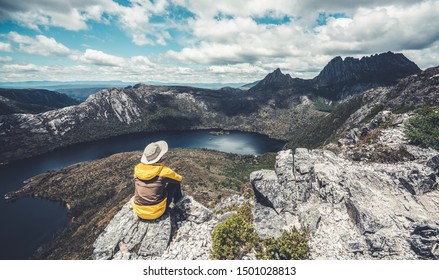 Traveller Man Explore Landscape Of Marions Lookout Trail In Cradle Mountain National Park In Tasmania, Australia. Summer Activity And People Adventure.