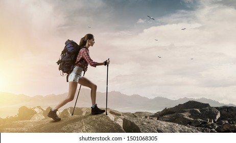 Travelling female tourist with backpack