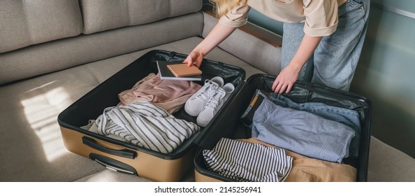 Travel,tourism,Girl Packing Suitcase For Travel.Travel Plans With Booking Travel After Quarantine, Lockdown, Covid. Staycation.local Travel New Normal.Tourism After Border Opening Regenerative 