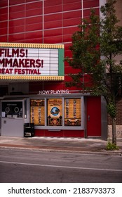 Traverse City, Michigan, USA - July 17 2022: 2022 Traverse City Film Festival On The Marquee At The State Theatre. Posters With Information Of List Of Movies On Display In Front Of Theater.