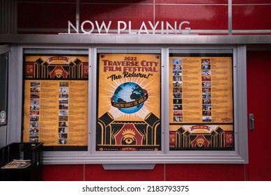 Traverse City, Michigan, USA - July 17 2022: 2022 Traverse City Film Festival On The Marquee At The State Theatre. Posters With Information Of List Of Movies On Display In Front Of Theater.