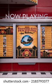 Traverse City, Michigan, USA - July 17 2022: 2022 Traverse City Film Festival On The Marquee At The State Theatre. Posters With Information Of List Of Movies On Display In Front Of Theater.