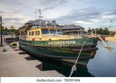 Traverse City, Michigan, USA - October 2, 2017: The Northwestern Boat Docked At The Harbor For The Great Lakes Maritime Academy. The Academy Is On The Campus Of Northwestern Michigan University.