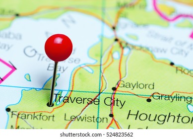 Traverse City Pinned On A Map Of Michigan, USA
