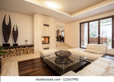 Travertine House: Interior Of Beige Living Room