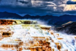 Travertine Terraces At Mammoth Hot Springs In Yellowstone National Park With Gloomy Cloudy Sky