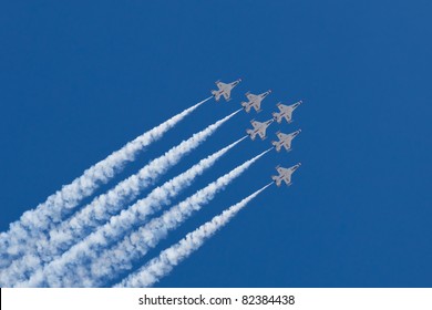 TRAVIS AFB, CA - JULY 30: US Air Force Thunderbirds Flying On F-16 Showing Precision Of Flying And The Highest Level Of Pilot Skills During Airshow On July 30, 2011 At  Travis AFB