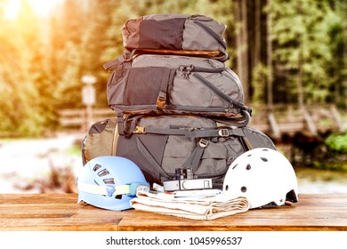 Travle backpack and river with forest 