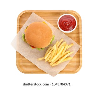 Tray with burger, French fries and sauce on white background, top view. Traditional American food