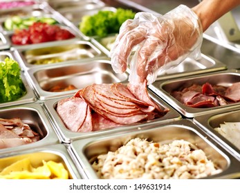 Tray With Cooked Food On Showcase At Cafeteria.