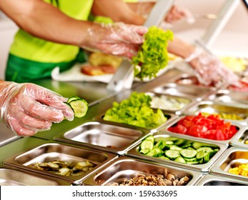 Tray With Cooked Food On Showcase At Cafeteria.