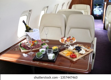 Tray With Delicious Food On The Plane, Business Class Travel  