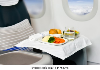 Tray With Delicious Healthy Food On The Plane, Business Class Travel. 