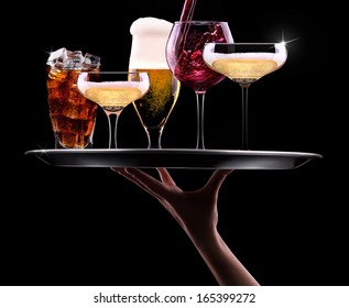 Tray With Different Drinks On Black Background - Champagne, Beer, Cocktail, Wine, Brandy, Whiskey, Scotch, Vodka, Cognac