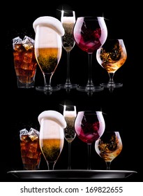 Tray With Different Drinks On Black Background - Champagne, Beer, Cocktail, Wine, Brandy, Whiskey, Scotch, Vodka, Cognac