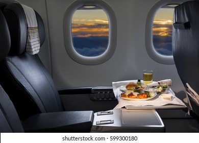 Tray Of Food On The Airplane, Business Class