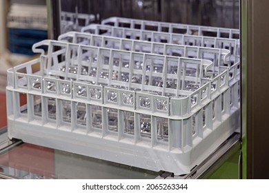 Tray With Glasses In Open Commercial Dishwasher Machine