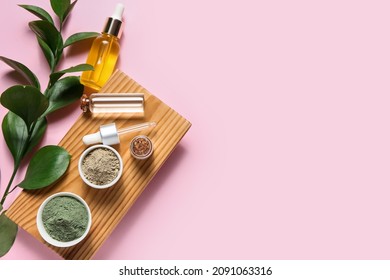 Tray With Henna Powder And Essential Oil On Color Background