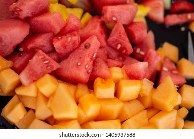 Tray Of Mixed Fruit With Pineapple Strawberry Cantaloupe Watermelon