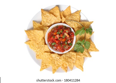 Tray Of Tortilla Chips And Salsa Cut Out On White Background