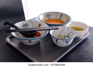 Tray Of Used Crockery On Table. Diners At Coffee Shops, Food Courts, Hawker Centres Are Expected To Clear Their Tables, Dirty Trays And Litter To Designated Sorting Station