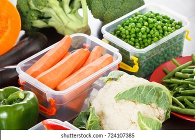 Trays Box With Vegetables For Freezing. Stocking Up For Winter Storage In Plastic Containers