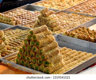 Trays With Traditional Middle Eastern  Sweet Dessert  Baklawa With Pistachios .