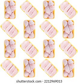 Trays Yellow With Raw Chicken Drumstick And Chicken Fillet On A White Background, Pattern