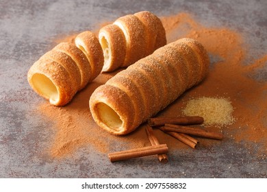Trdelnik Czech is a kind of spit cake it is made from rolled dough that is wrapped around a stick, then grilled and topped with sugar and cinnamon close up on the table. Horizontal