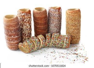 Trdelnik traditional cake with various toppings.
