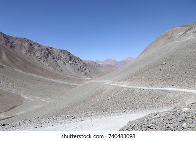 A Treacherous Mountainous Road Among The Rocky Mountains In The Spiti Valley, Himachal Pradesh, India, During The Autumn Season.