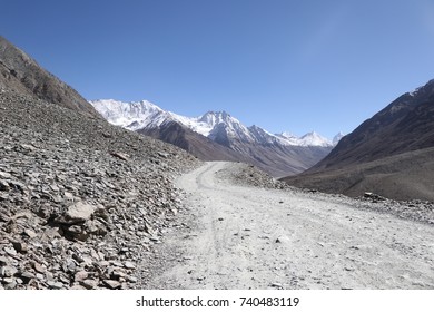 A Treacherous Mountainous Road Among The Rocky Mountains In The Spiti Valley, Himachal Pradesh, India, During The Autumn Season.