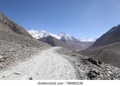 A Treacherous Mountainous Road Among The Rocky Mountains In The Spiti Valley, Himachal Pradesh, India, During The Autumn Season.