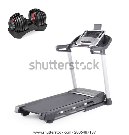 Treadmill Isolated on White Background. Powerhouse Machine. Side View of Black Modern Gym Trainer Treadmill with LCD Display. Sports and Fitness Exercise Equipment