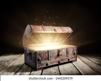 Treasure Chest - Open Ancient Trunk With Glowing Magic Lights In The Dark
 - Shutterstock ID 1445209379