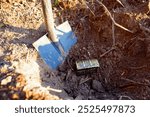 Treasure chest with Shovel. Dig treasure. Bury money. Digging Treasure box in soil use shovel. Digs EURO coins note from ground. Treasure hunter