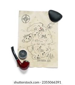 Treasure map with smoking pipe, compass and pirate eye patch isolated on white background