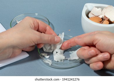 Treating Finger Injuries With Eggshell Membrane - Alternative Natural Bandage With A History Of Use In Wound Healing. Woman Hands Close Up. Natural Medicine.