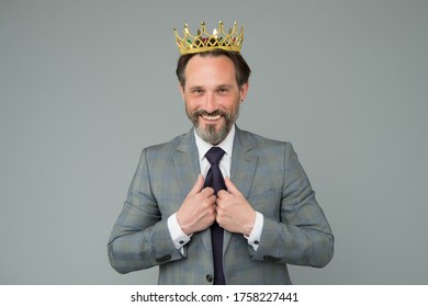 Treating Himself As Royalty. Big Boss Grey Background. Selfish Boss Wear Luxury Crown. Narcissistic Boss. Big Boss Or Ceo In Formalwear. Ambitious And Egoistic. Glory And Triumph. Success In Business.