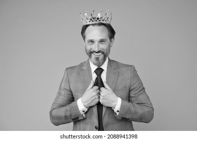 Treating Himself As Royalty. Big Boss Grey Background. Selfish Boss Wear Luxury Crown. Narcissistic Boss. Big Boss Or Ceo In Formalwear. Ambitious And Egoistic. Glory And Triumph. Success In Business