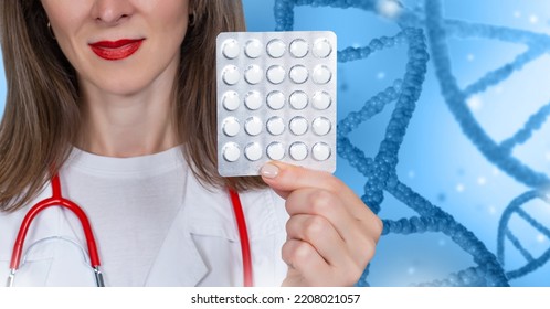 Treatment Of Genetic Diseases. Woman Demonstrates Medicines On Genetics. A Woman Of A Doctor Shows Pills. Medical Treatment With Medicines.