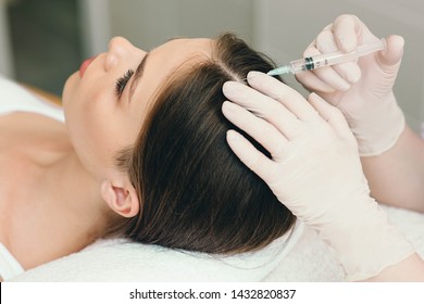 Treatment Of Hair Loss, Injection For Hair Growth. Injected In Woman's Head, Hair Mesotherapy