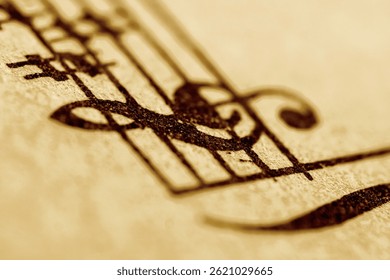Treble clef and music notes. Selective focus. 