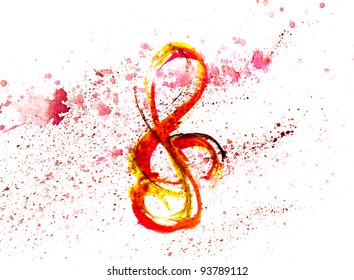 treble clef in red and yellow spot  blotch watercolors isolated on white background