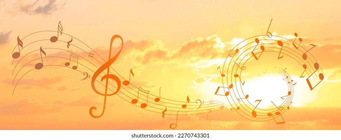 Treble clef and swirly staff with musical notes against sunset sky, banner design - Shutterstock ID 2270743301