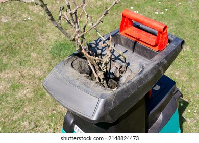 Tree branches inserted into electric garden shredder with weathered lawn in the background. Cleanup around the house. Working in the garden. - Shutterstock ID 2148824473