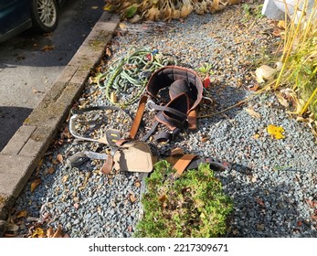 Tree Climbing Gear Sitting In Some Crushed Rock Next To A Garden Wall.