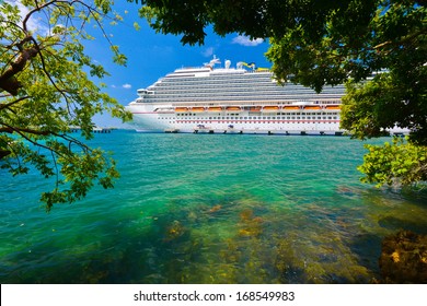 Tree And Cruise Ship With Sun Shinning In Background.