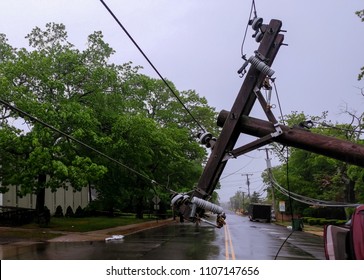 Tree And Electric Pole On After Hurricane Damaged Car Turned Over After Accident