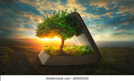 A tree and garden grow out of the pages of the Bible - Shutterstock ID 605035310